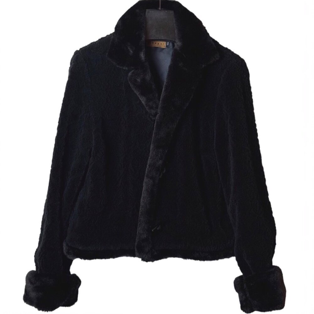 Tsunami Black Faux Fur Fuzzy Floral Textured Mid Cropped Coat Jacket Size Medium